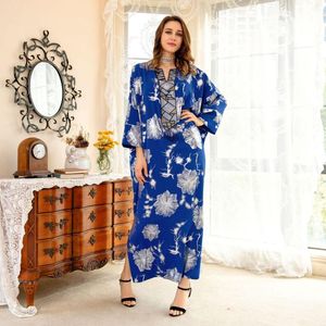 Ethnic Clothing Ramadan Eid Bronzing Flower Beaded Tassel Abaya Dress Women Blue Muslim Moroccan Kaftan Dubai Turkey Arabic Jalabiya