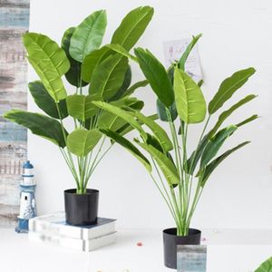 Flores decorativas grinaldas 80cm 18 garfos plantas tropicais grandes bananeira artificial falsa monstera folhas de palmeira de plástico para casa garde dhelq