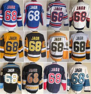 Man vintage hockey 68 jaromir Jagr retro jersey klassisk ccm all sömnad lag färg svart vit blå gul pension pullover för sport fans andas rent bomull