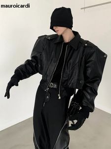 Men S Leather Faux Mauroicardi Spring Autumn Cool stil Kort överdimensionerade svarta PU -jackor Män med axelkuddar Lång ärm blixtlås 2023 231005