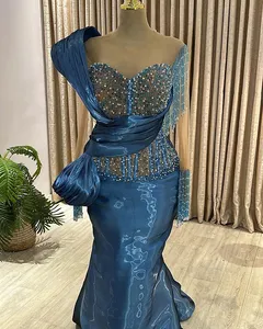 Okt ASO EBI Arabische Marine Meerjungfrau Braut Kleider Perlen Abend Prom Formal Party Geburtstag Prominente Mutter von Bräutigamkleidern Kleid ZJ362 407