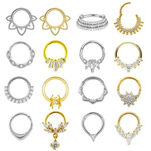 Nose Rings Studs 100% 316L Steel Zircon Nose Ring Clicker Daith Piercing Ear Cartilage Helix Hoop Flowers Water Drops 231005