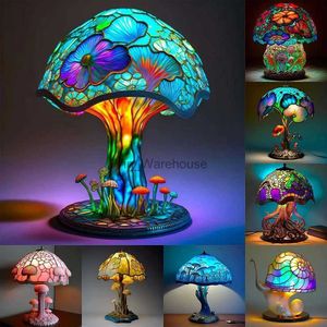 Table Lamps Colorful Stained Plant Table Lamps Vintage Stained Resin Mushroom Table Lamp Night Light Bedroom Bedside Decorative Pendants YQ231006
