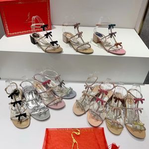 Üst Sıcak Satış Rene Caovilla Kadınları 4.5 cm yüksekliğinde topuk ziyafet ayakkabıları ile ince bant kombinasyonu ile kristal dekorasyon yay moda ayakkabıları açık ayak parmağı lüks tasarımcı ayakkabı