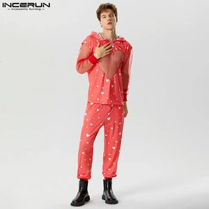 Tute da uomo INCERUN Set sexy da uomo stile americano Maglione con cappuccio Pantaloni lunghi Moda maschile Love Mesh Splice Set da due pezzi S-5XL 231006