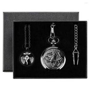 Pocket Watches Fullmetal Alchemist Mönstrad kvartsklocka Halsband Pendant Box Set Födelsedagspresent till anime Studenter Antik tidstycke