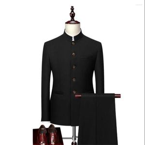 Ternos masculinos túnica chinesa terno para homem 2 peças conjuntos de jaqueta calça outono formal fino ajuste cavalheiro jantar festa vestir roupas