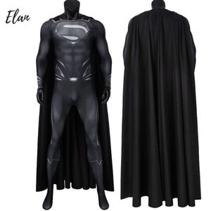 Man Black Super Cosplay Costume Justice Superhero Kent Jumpsuit med kappa 3D Tryckt Halloween Bodysuit Fancy Dress Zentai Suitcosplay