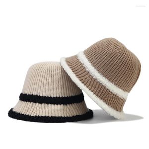 Berets dupla cor listra de malha balde chapéu para mulheres atacado moda artesanal malha de pelúcia gorro grosso quente crochê cúpula pesca