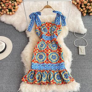 2023 new fashion women's spaghetti strap print floral retro baroque style high waist bodycon sexy mermaid dress SMLXLXXL271L