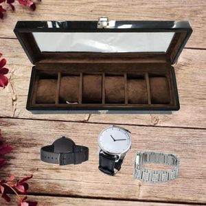 Watch Boxes 6-Slot Wood Box Velvet Display Case Organizer Glass Jewelry Storage