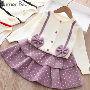 Clothing Sets Humor Bear Girls Clothes Set Autumn Knitted Sweater Jacket+Polka Dot Skirt 2Pcs Warm Kids Bow Clothes 230927