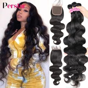 Synthetic Wigs Perstar Human Hair Bundles With Closure Brazilian Body Wave Weave 34 Remy 231006