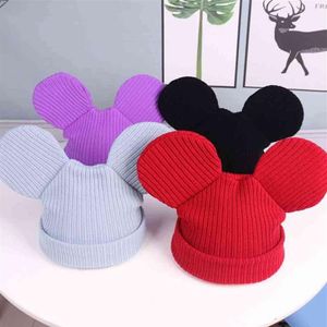 Chapéus de malha sólida bonito feminino com orelhas de rato dos desenhos animados para adolescente gorro unisex jovem menino menina quente inverno kitte h2349