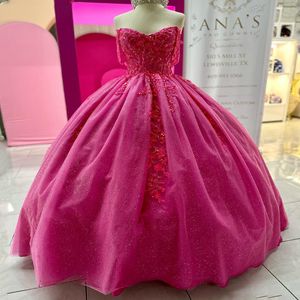 Розово-красное блестящее тюлевое бальное платье с открытыми плечами, платья Quinceanera, аппликации, цветы, бусы, прозрачные официальные принцы