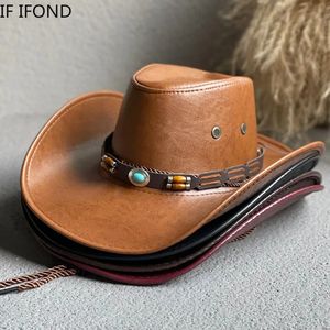 Breda randen hattar hink hattar faux läder västra cowboy hattar för kvinnor män vintage gentleman klänning hattar panama cowgirl jazz cap sombrero hombre 231006