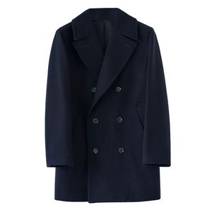 Cappotto da marinaio da uomo in misto lana da uomo Cappotto classico doppiopetto blu scuro in lana spessa sottile per abbigliamento vintage da uomo autunno e inverno 231005