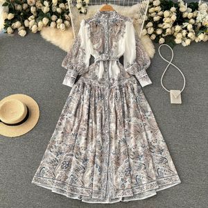 Autumn New Lantern Sleeves French Court Style Dress with A Line Over Knee Print Large Swing Long Dress