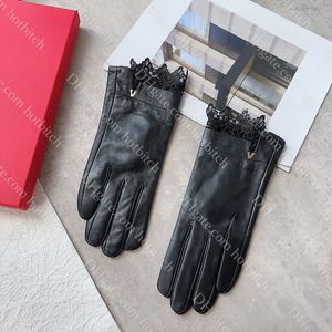 Lyxkvinnor spetshandskar designer läderhandskar kvinnor vinter varma handskar sammet foder lady julklapp