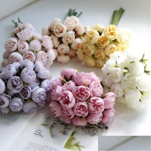 Flores decorativas grinaldas 1 ramo flor artificial sem rega nunca desbota realista olhando 27 cabeças chá rosa simulação buquê decoração dhgal