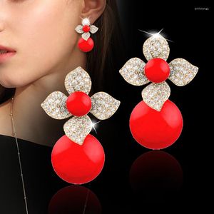 Stud Earrings SINLEERY Sparkling Crystal Flower Red Acrylic Ball Drop Gold Silver Color Earring Women Fashion Jewelry Es333
