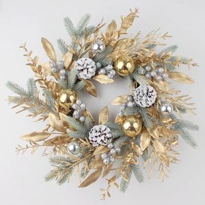 その他のイベントパーティーは、玄関のためのクリスマスリース人工金色の花の花輪松ぼっくりラタンセット屋外クリスマス装飾2024 231005