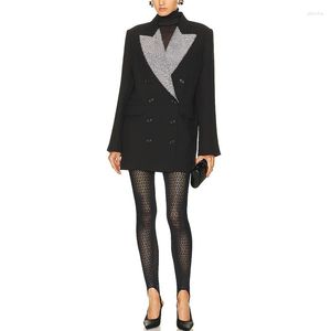 Kvinnors kostymer 2023 Diamond Double Breasted Jacka Kvinnor Elegent Lape Long Sleeve Pockets Black Blazer Lady Runway Fashion Slim Solid Coat