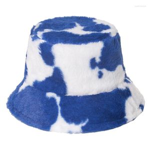 Berets Winter Warm Hat Cow Print Bucket Hats Faux Fur Plush Fisherman Thick