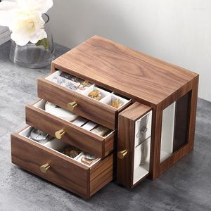 Jewelry Pouches Walnut 4-layers Drawer Box Light Luxury Earrings Ring Necklace Watch Jewellery Wooden Home Desktop Storage Display