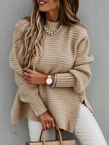 Kvinnors tröjor Autumn Winter Women Sticked Sweater Mock Neck Casual Loose Pullovers Warm Elegant Solid Batwing Sleeve Side Split Tops 231005