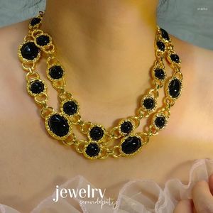 Ketten Retro Edle Doppelschicht-Halskette Schwarz Klassische Perlenstruktur Eleganter Glanz für Damen