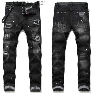 Mäns jeans ehmd rippade hål jeans män färg prickar bläck sprutad mjuk bomull hög elastisk läder etikett svart grå smal byxor röda öron 2 j231006