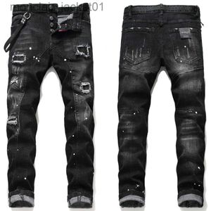 Jeans masculinos EHMD rasgado buraco jeans homens tinta pontos tinta salpicada algodão macio alta etiqueta de couro elástico preto cinza calças finas orelhas vermelhas 2 j231006