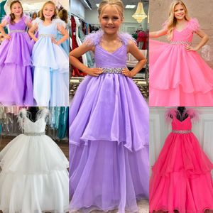 Ice Blue Girl Pageant Dress 2024 Crystals Feathers Organza Little Kid Birthday Formal Party Gown Toddler Teens Preteen Tiny Young Junior Miss Children Layer kjol