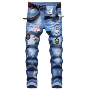 Män Slim Fit Ripped Jeans Fashion Straight Leg Stretch Printed Biker Denim Pants Mens Blue Regular Trousers Big Size D673265Y