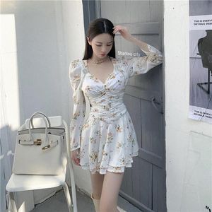 Fairy Women Floral Print Dresses Long Sleeve Sweet Japan Style Kawaii Elegant Korean Mini Casual Dress2988