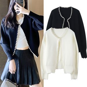 Sandro Loose Pearl Decoration Sticked Cardigan Casual Style Slim Sweater