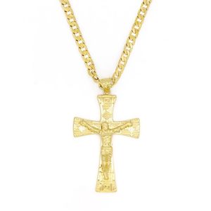 Solid 10k Yellow Gold Filled Jesus wide Cross Charm Big Pendant 55 35mm with 24 Miami Cuban Chain 600 5mm235W