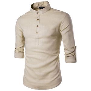 E-Baihui 2021 Men's Explosive Slim-Fit Solid Color Shirt Långärmad stand-up Collar Linen Slim Fit Pullover Shirt B17284L