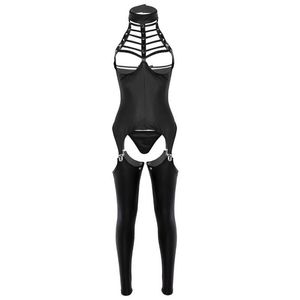 3PCS Kobiety Otwarcie krocza bielizny Zestaw kantarki Bust Bra Crotteless Patent skórzany erotyczny seksowny kombinezon Cosplay Bodysuit strój BRAS S247Q