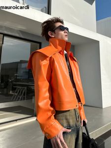 Men S Leather Faux Mauroicardi Spring Autumn Cool Overized Short Black Orange Soft Jacket Men Zipper Luxury Designer Clothes Fashion 231005