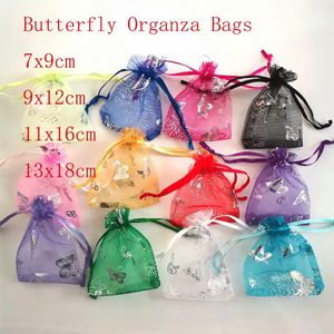 Pudełka biżuterii 100pclot motyl organza torebki biżuterii torby na sznurowanie torby prezentowe torby na cukierki torby opakowania