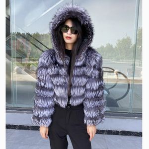 Womens Fur Faux Winter Style Real Coat Fashion Natural Coats Hood Lång ärm Kort H22S8 231005