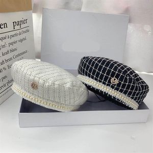 202009-shi autumn France Style Classic Plaid Pearl Ribbon Lady Beret Hat Women Leisure Painter Hat272c