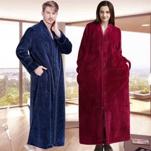 New Women Men Extra Long Winter Warm Bathrobe Plus Size Pregnant Zipper Bath Robe Luxury Soft Grid Flannel Thermal Dressing Gown245h