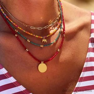 Hänghalsband flerskikt färgglada pärlor kedja mode halsband elefantplåt hängsmycken för kvinnor tillbehör R231006
