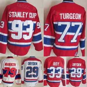 Uomo Vintage Hockey 33 Patrick Roy Jersey CCM 77 Pierre Turgeon 79 Andrei Markov 93 Stanley Cup 29 Ken Dryden 5 Bernie Geoffrion 9 Maurice Richard Retro Classic cucito su