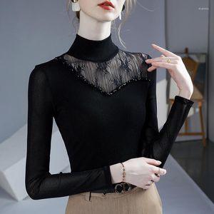 Camisetas femininas outono moda gola alta manga comprida elegante fino beading cor sólida tops de renda preta