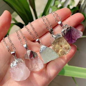 Anhänger Halsketten Reiki Heilung Naturstein Unregelmäßiger Fels Quarz Pendel Amethyste Fluorit Klar Rosa Kristall Halskette Frauen