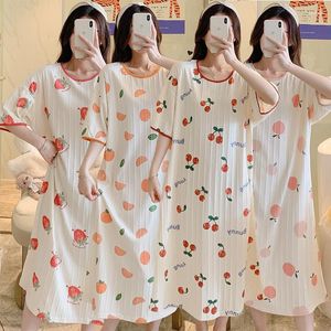 Pijamas femininos 2023 verão algodão impressão manga curta camisola para mulheres coreano solto vestido longo nightdress noite casa nighty